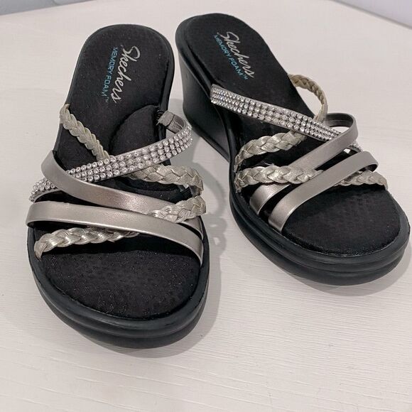 Skechers Black and Silver Wedge Shoes with Rhinestone Embellishments Size 8 - Picture 1 of 17